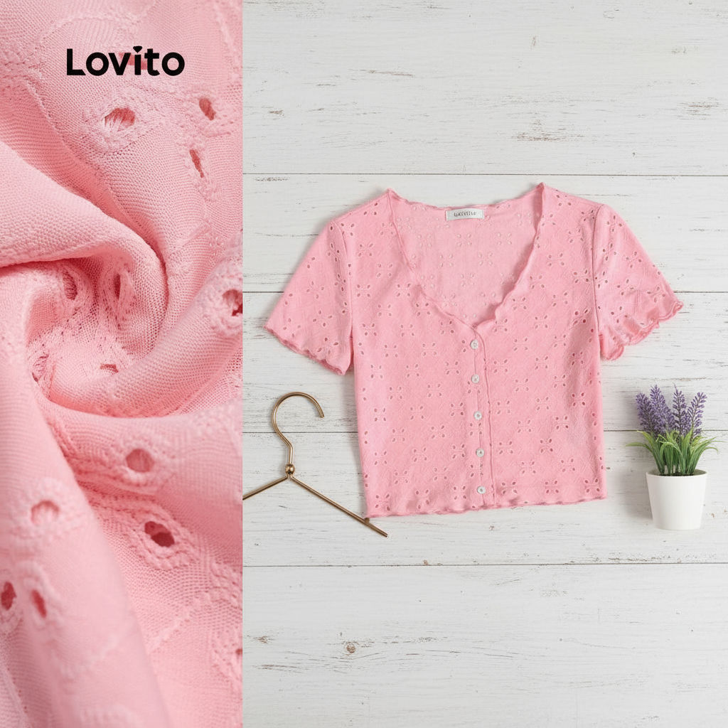 Lovito เสื้อยืดกระดุมหน้าสีพื้นแบบลําลองสําหรับผู้หญิง L129ED633