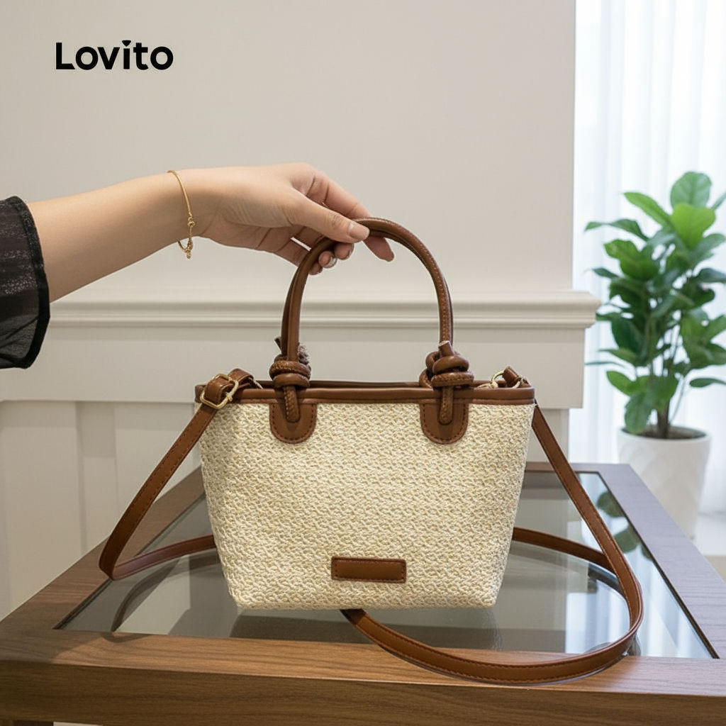 (trendy3)Lovito ลำลองสีพื้นStraw กระเป๋า ครอสบอดี้หลายช่องple Strap Methods กระเป๋าสะพายไหล่ สำหรับผ