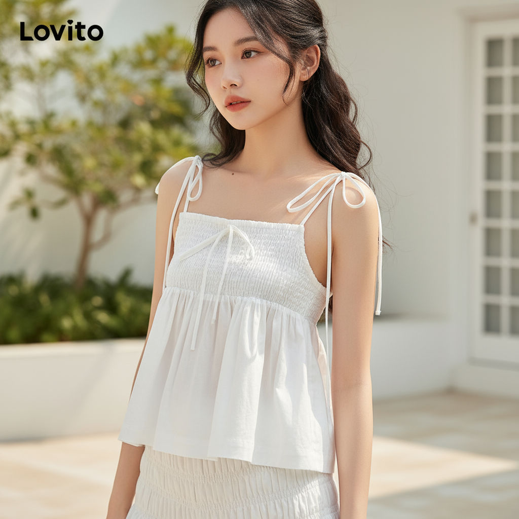 (Fashion_4) Lovito เสื้อกล้ามลําลองเสื้อกล้ามสม็อคสีพื้นสําหรับผู้หญิง L99ED323