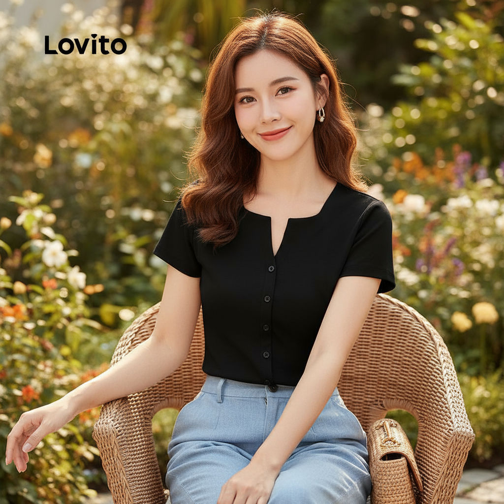 Lovito เสื้อยืดผู้หญิง สีดํา สไตล์ลําลอง มีกระดุมด้านหน้า ผ่าข้าง สําหรับฤดูใบไม้ผลิและฤดูร้อน L135A