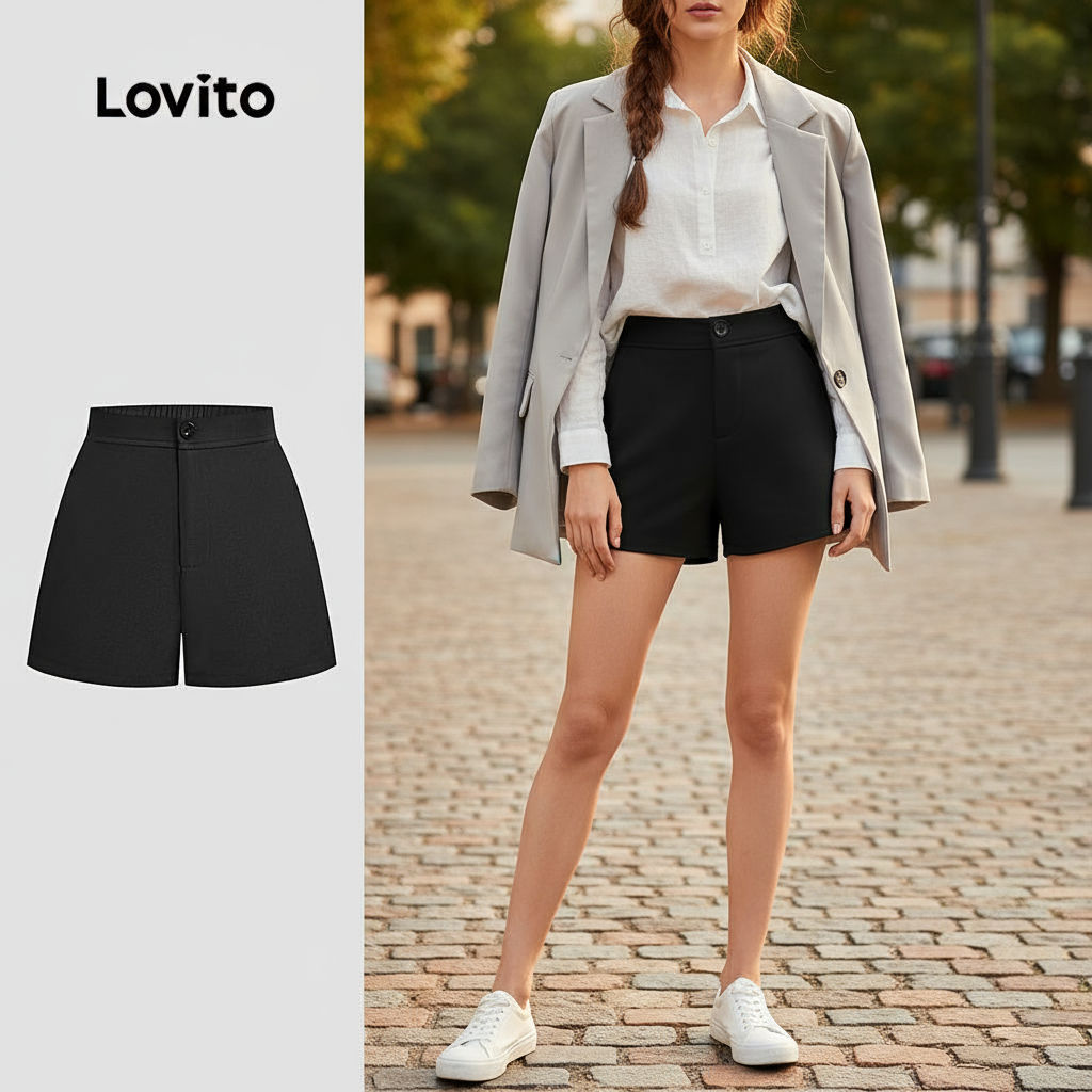 (trendy6)Lovito กางเกงขาสั้นลำลองชั้นหลายชั้นแต่งระบาย สำหรับฤดูใบไม้ผลิ/ฤดูร้อน สีดำ L151AD084