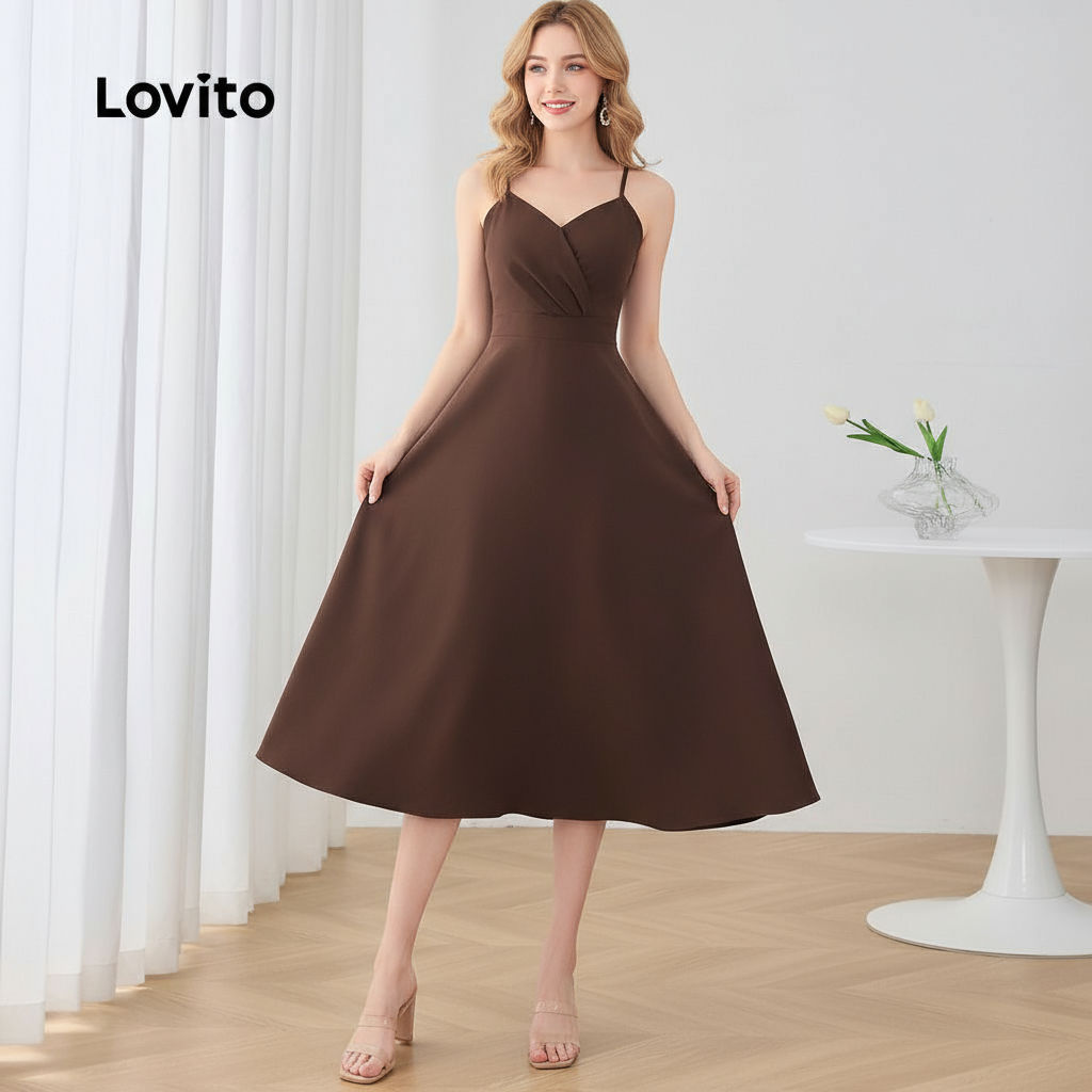 Lovito ชุดลําลองปุ่มจีบชุดฤดูร้อน/ฤดูใบไม้ผลิสําหรับผู้หญิง L129AD1003