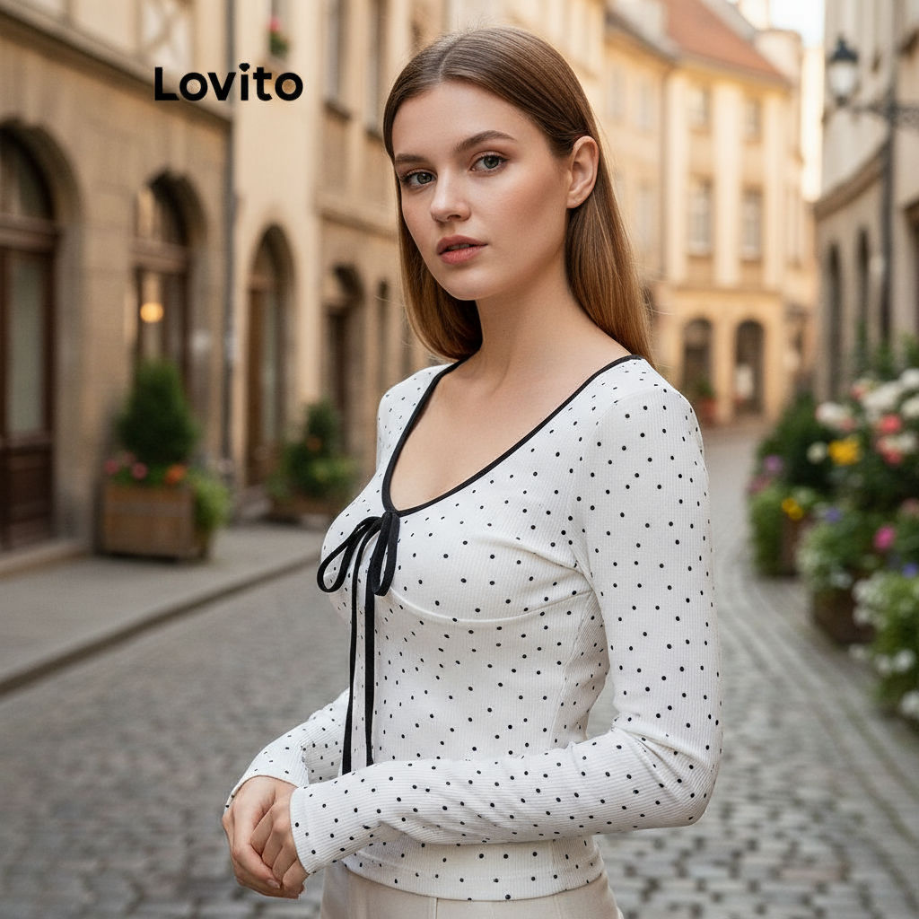 (Fashion_2) Lovito เสื้อยืดลําลอง ลายจุด โบว์ สีตัดกัน การผูกมัด ฤดูร้อน/ฤดูใบไม้ผลิเสื้อยืดสําหรับผ