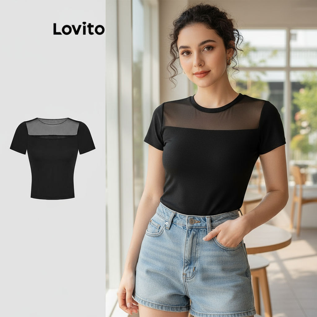 Lovito เสื้อยืดเย็บผ้าเชียร์สีพื้นน่ารักสําหรับผู้หญิง  L122AD005