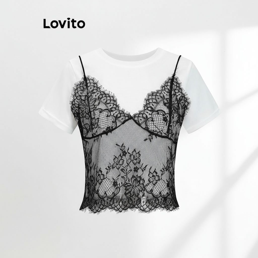 (Trendy2) Lovito เสื้อยืดหรูหราเสื้อยืดเย็บผ้าลูกไม้ธรรมดาสําหรับผู้หญิง L106AD114