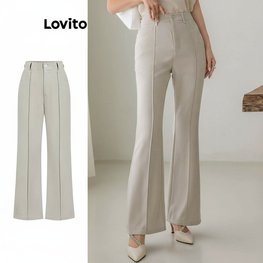 (trendy3)Lovito กางเกงขายาวผู้หญิง มีกระดุม มีกระดุม สีพื้น สไตล์หรูหรา L105MD017