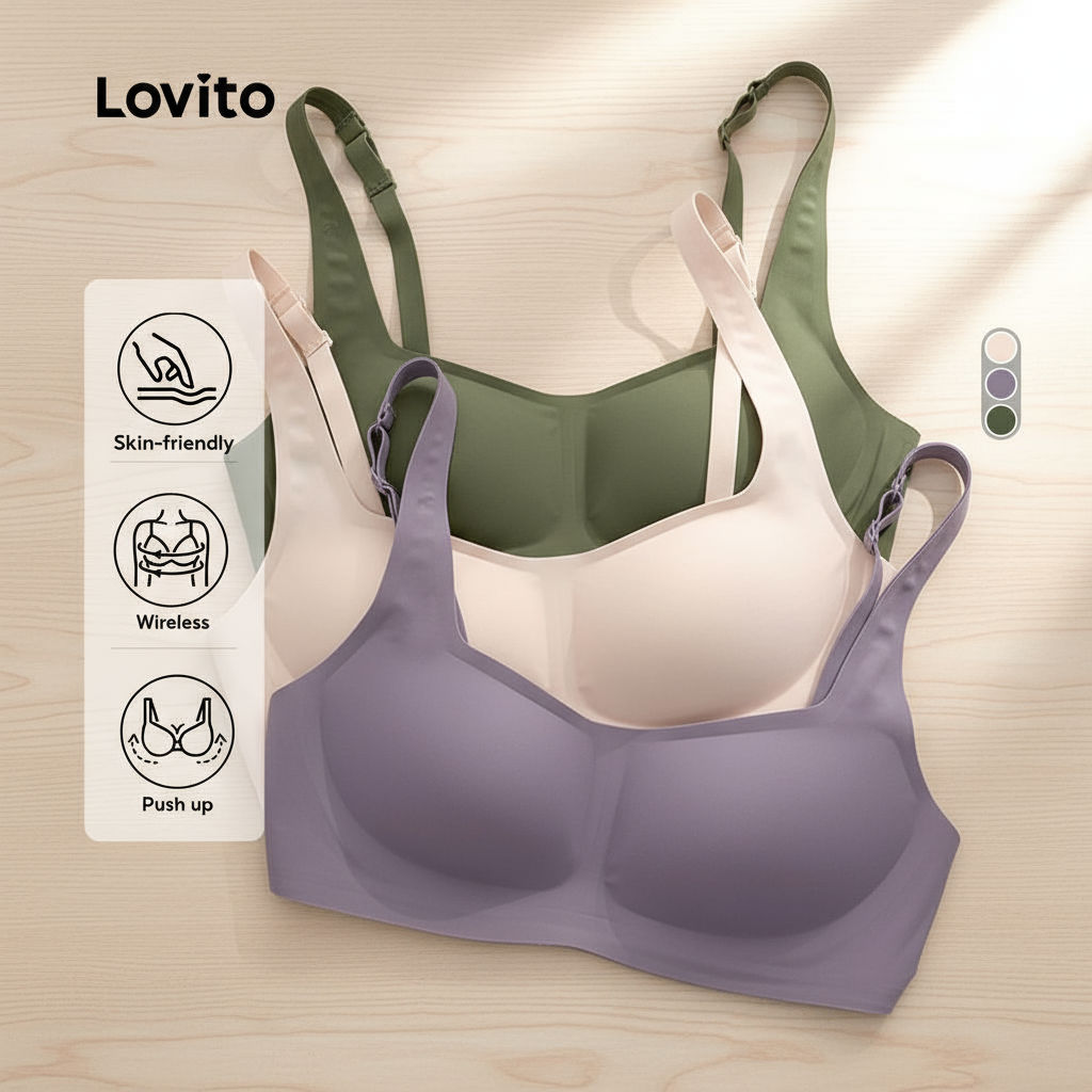 (Fashion_2) Lovito เสื้อชั้นในแบบไร้ตะเข็บเซ็กซี่ระบายอากาศได้ดีพร้อมหัวเข็มขัดสำหรับผู้หญิง LNL4321