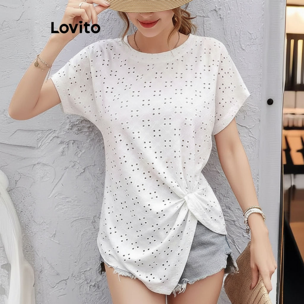 Lovito เสื้อเบลาส์จีบแบบลำลองสำหรับผู้หญิง LNM79301