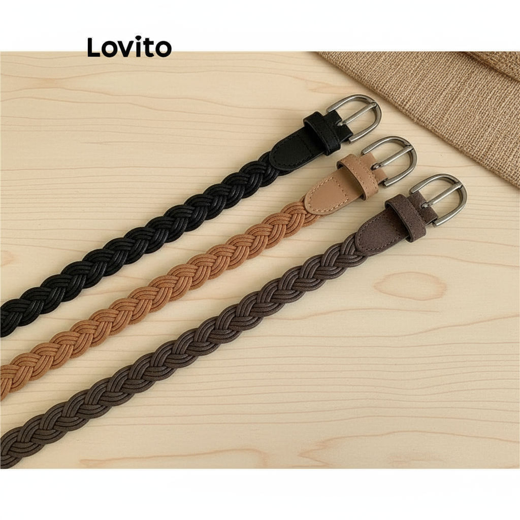 (trendy4)Lovito เข็มขัดผู้หญิง แบบสายถักเปีย สีเรียบ สไตล์ลำลอง LFA33213