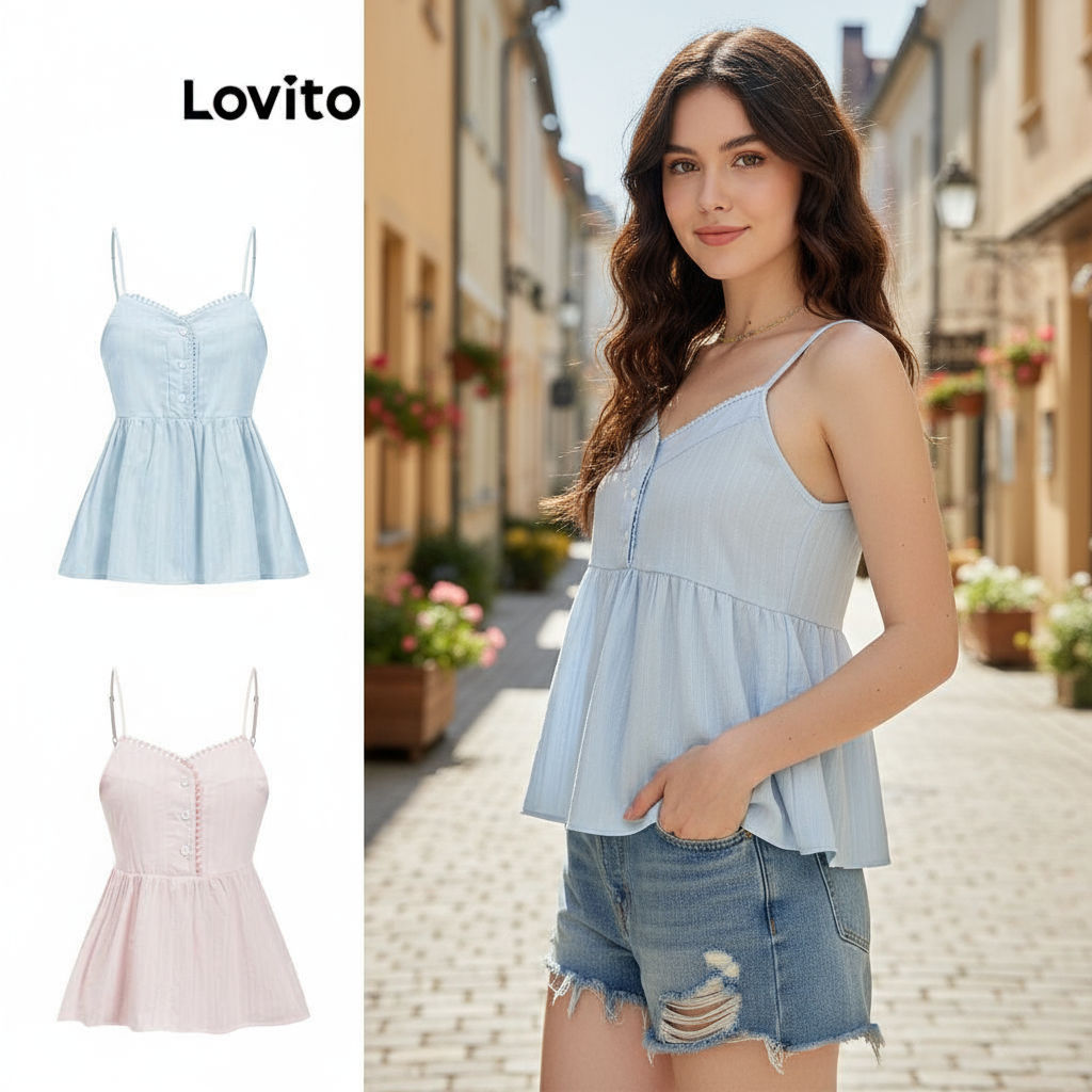 (Fashion_4) Lovito เสื้อกล้ามน่ารัก เสื้อกล้ามกระดุมคอระบายธรรมดาสําหรับผู้หญิง L79AD025 (หลากสี)