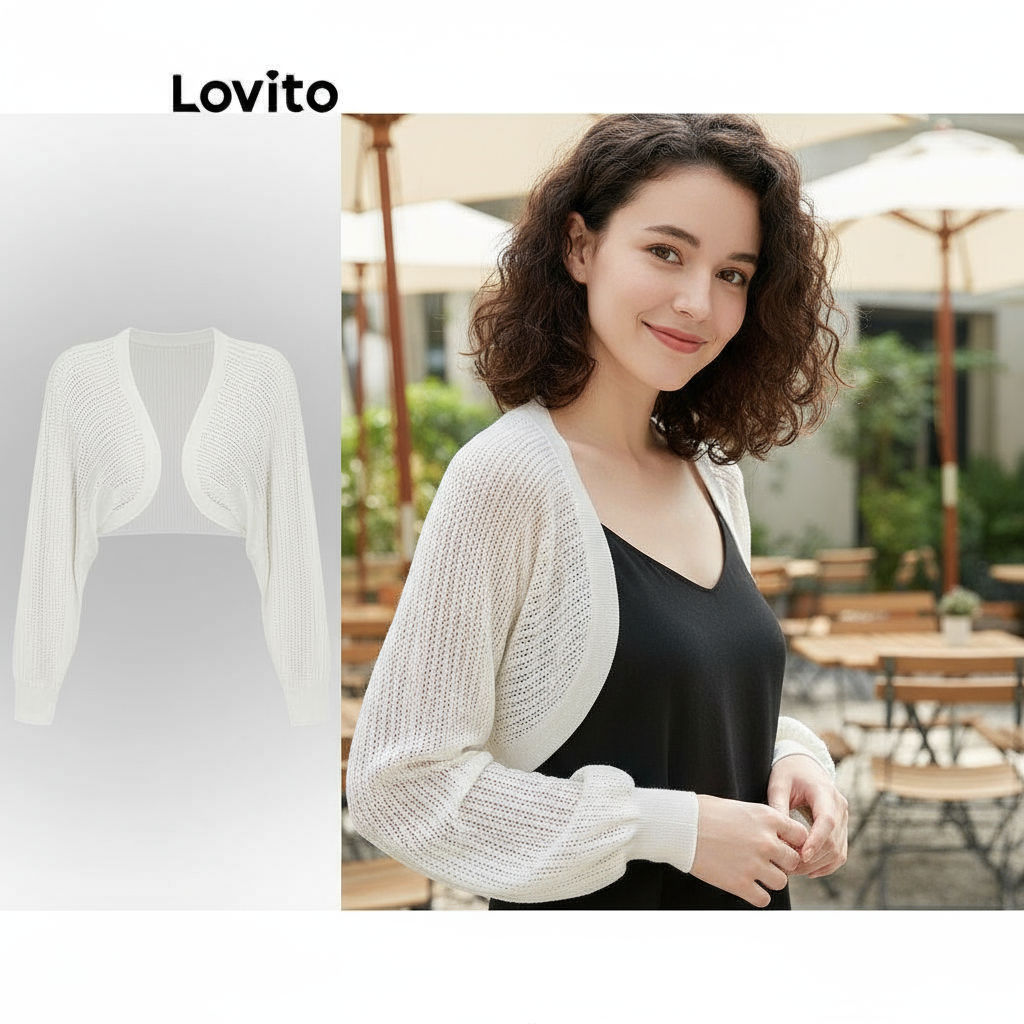 (trendy4)Lovito เสื้อคาร์ดิแกนลําลองเสื้อคาร์ดิแกนสีพื้นสําหรับผู้หญิง L64AD102 (ขาว/ดํา)