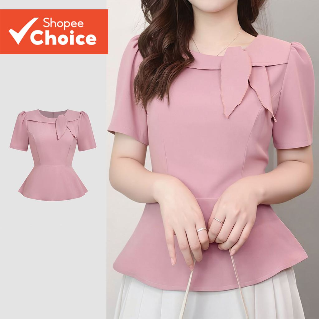 Lovito เสื้อเชิ้ตผู้หญิงสไตล์สุภาพ ผูกโบว์ด้านหน้า ชายระบาย สวมใส่สบาย เหมาะกับฤดูใบไม้ผลิ/ฤดูร้อน สีเทา ชมพู รุ่น L178ED1507