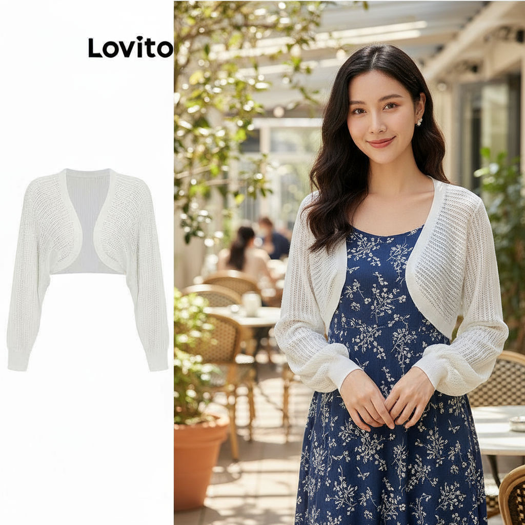 (Fashion_3) Lovito เสื้อคาร์ดิแกนลําลองเสื้อคาร์ดิแกนสีพื้นสําหรับผู้หญิง L64AD102 (ขาว/ดํา)