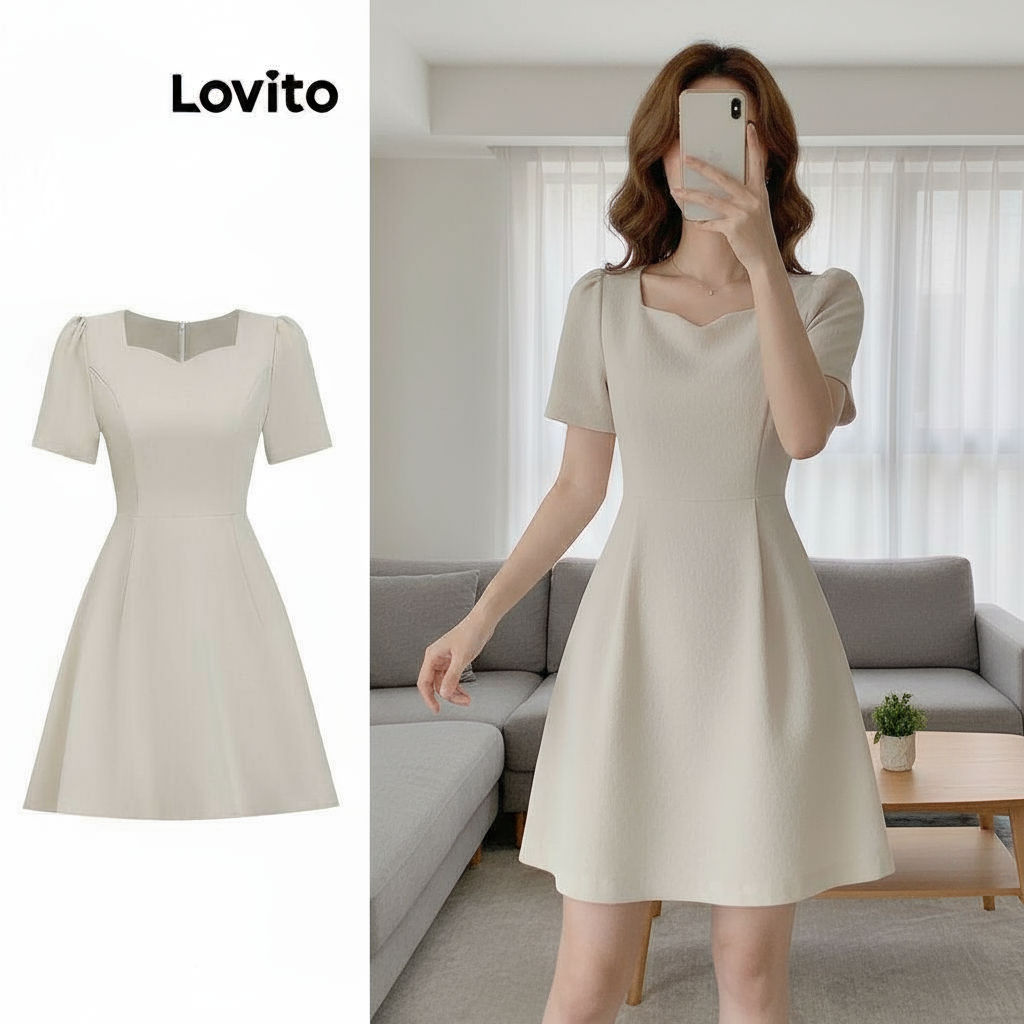 (Fashion_3) Lovito เดรสผู้หญิง แต่งจีบ เบสิก สีพื้น สไตล์ลำลอง L100MD248