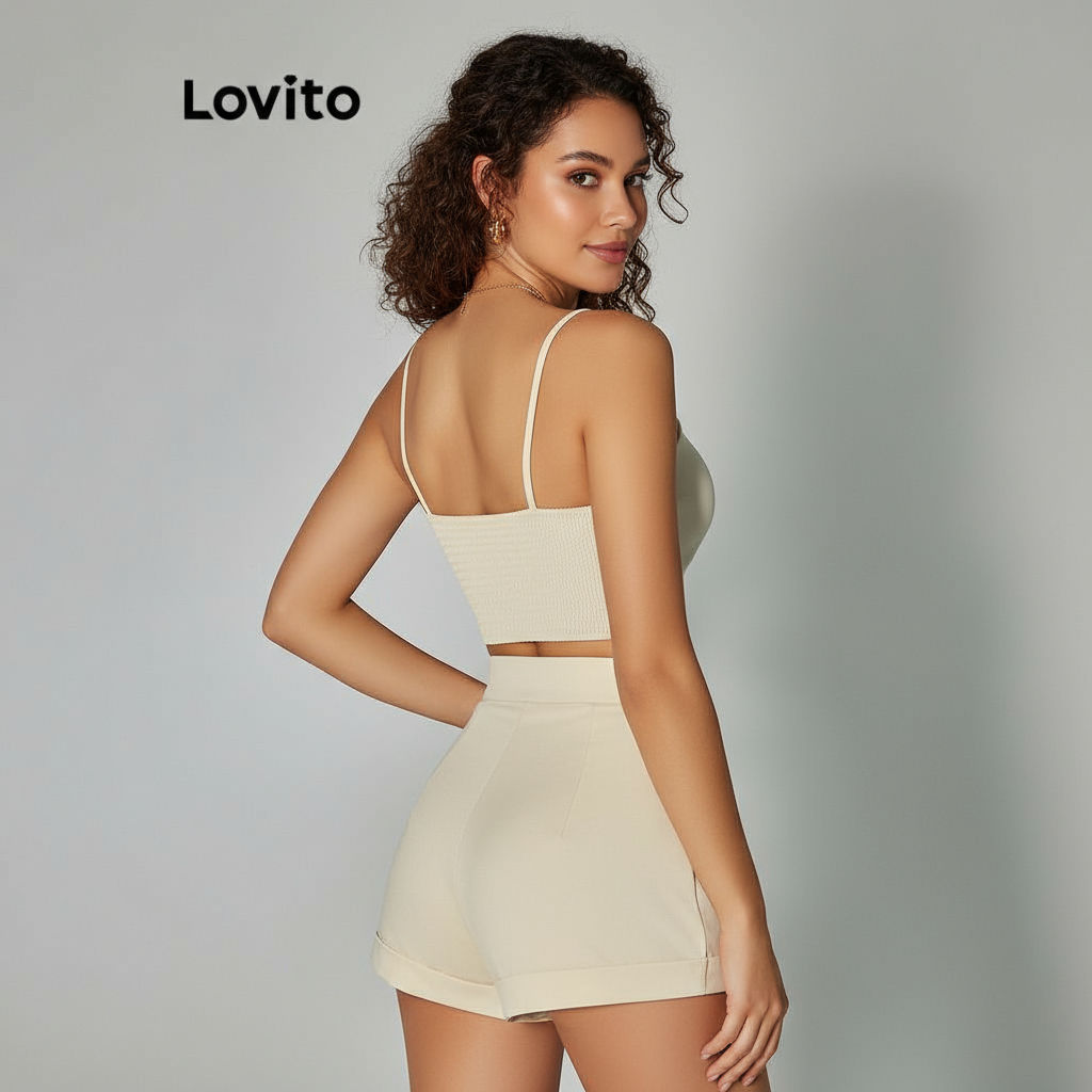 Lovito ชุดกางเกงขาสั้นมีซิปสีพื้นสองชิ้นแบบลําลองสําหรับผู้หญิง LBA05188 (แอปริคอท)