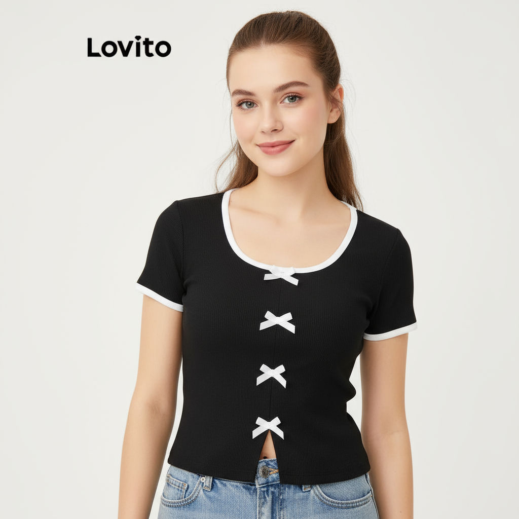 (trendy4)Lovito เสื้อยืดผูกโบว์สีพื้นลำลองสำหรับผู้หญิง L112ED657