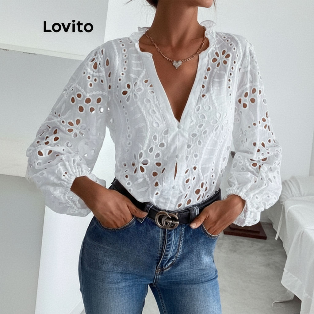 (trendy6)Lovito เสื้อที่สง่างามดอกไม้เย็บปักถักร้อยปุ่มด้านหน้านัวเนียคอเสื้อสําหรับผู้หญิง L47LD025