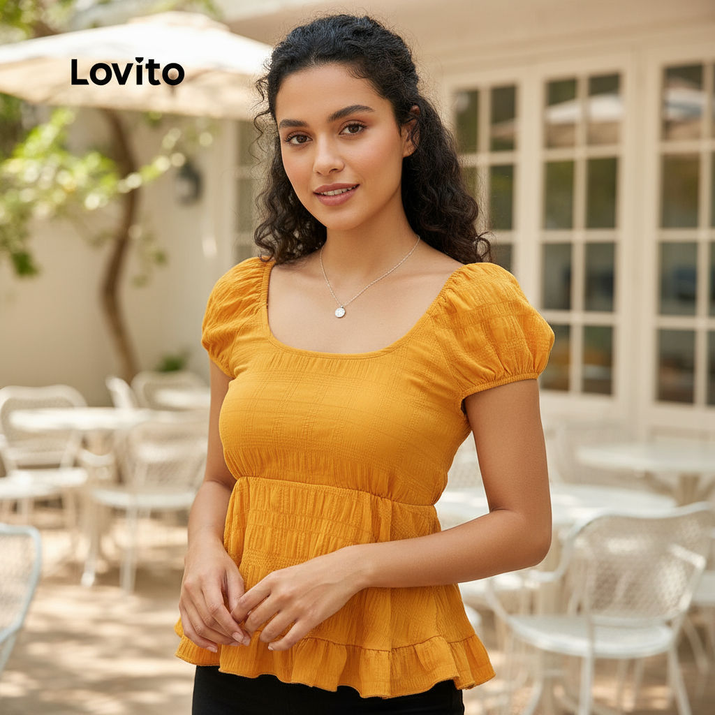 (trendy4)Lovito เสื้อเบลาส์สไตล์โบโฮชายระบายเรียบสำหรับฤดูร้อน/ฤดูใบไม้ผลิสำหรับผู้หญิง L132ED655