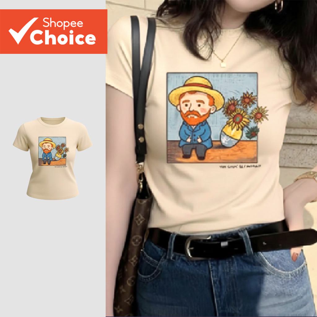 Lovito เสื้อยืดผู้หญิงลําลอง ลายภาพวาดน่ารัก Van Gogh และดอกทานตะวัน สีแอปริคอต สําหรับฤดูใบไม้ผลิ/ฤ