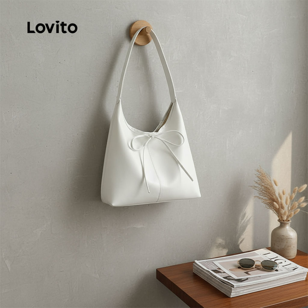(trendy3)Lovito กระเป๋าสะพายไหล่แบบเรียบง่ายพร้อมโบว์ผูก ความจุขนาดใหญ่ อเนกประสงค์ สำหรับใช้เดินทาง