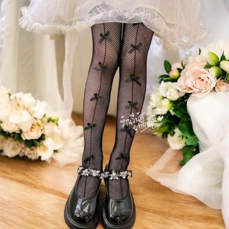 ถุงน่องตาข่าย แฟชั่นเด็กและผู้ใหญ่ 90-130 ซม. พร้อมโบว์ตกแต่ง สีขาว/สีดำ
