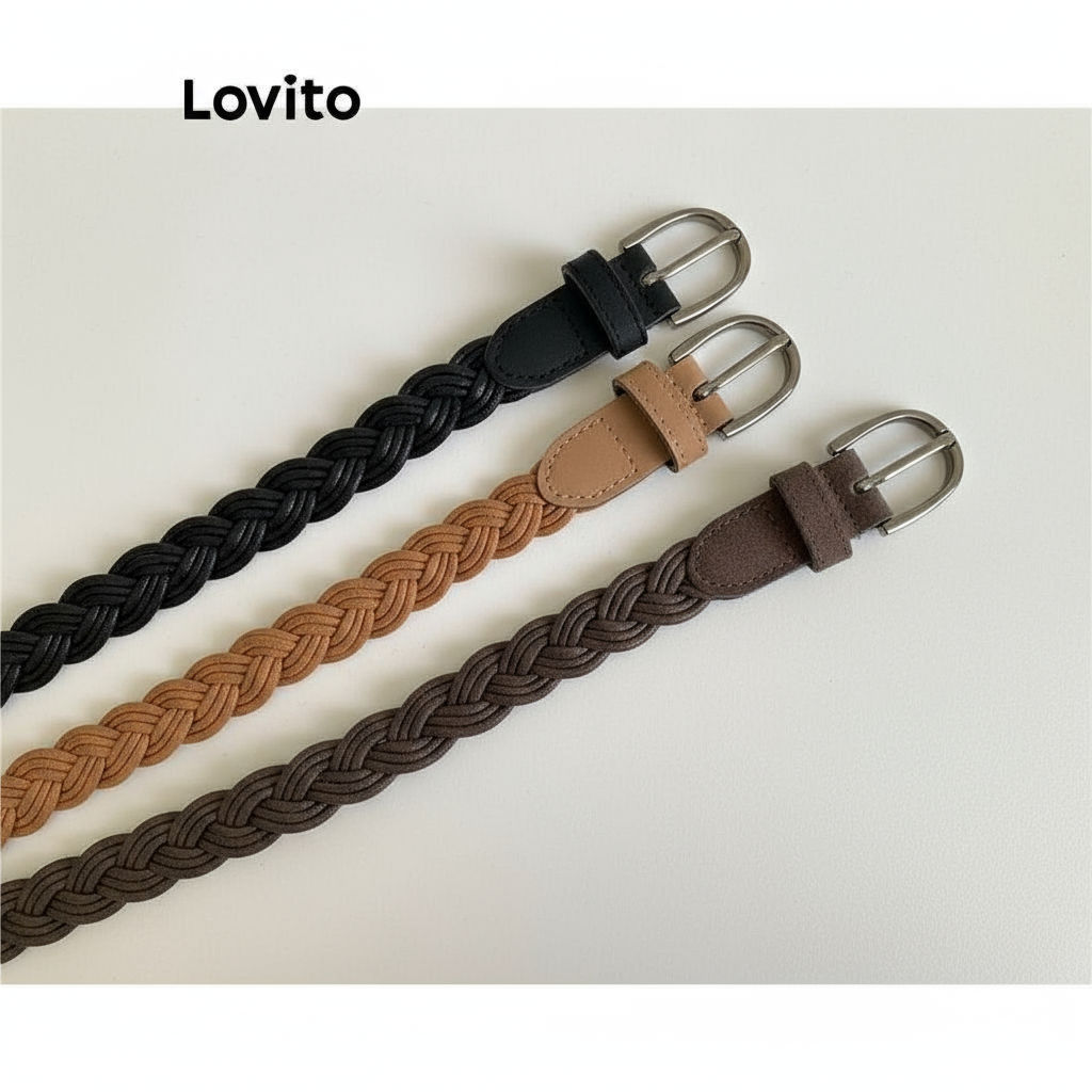 (Fashion_3) Lovito เข็มขัดผู้หญิง แบบสายถักเปีย สีเรียบ สไตล์ลำลอง LFA33213