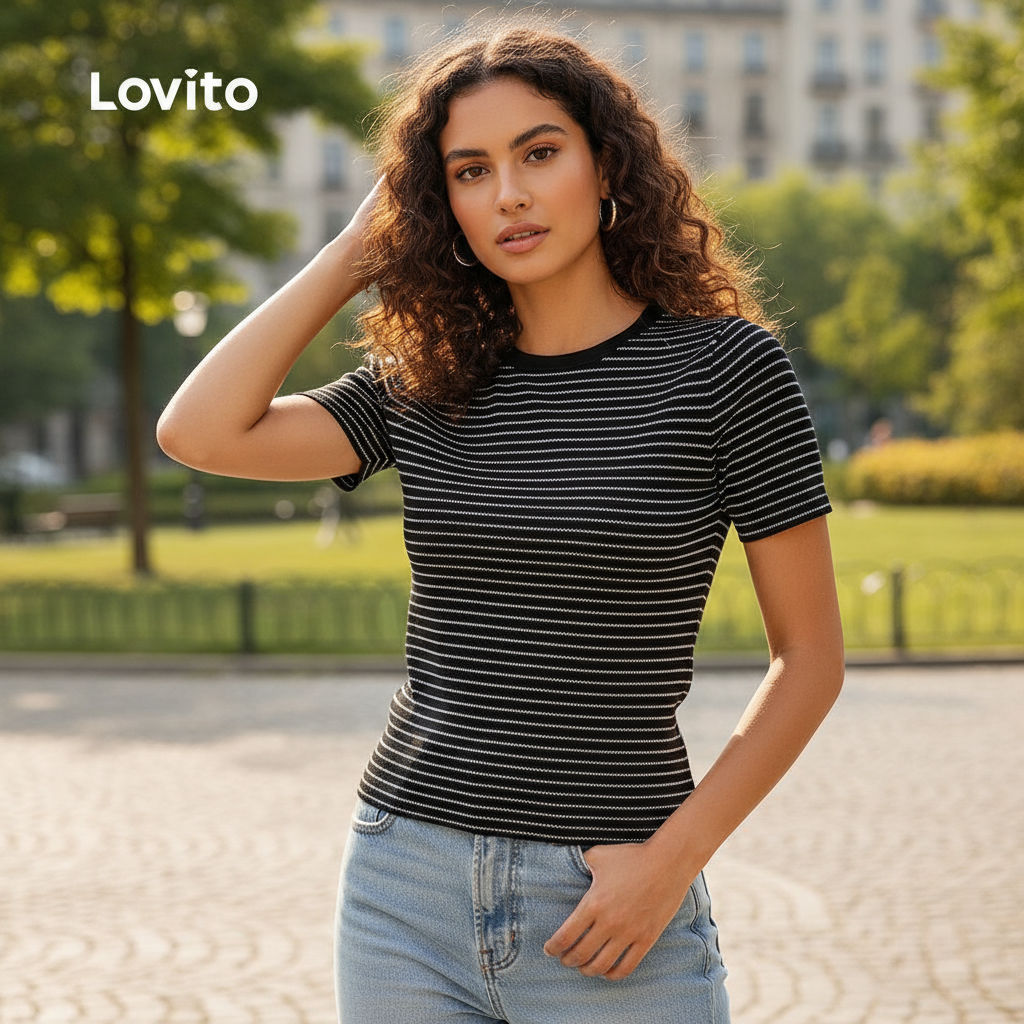 Lovito เสื้อยืดคอมพิม สําหรับผู้หญิง สีดํา ขอบต่าง สไตล์ลําลอง ฤดูใบไม้ผลิ/ฤดูร้อน L143AD1881