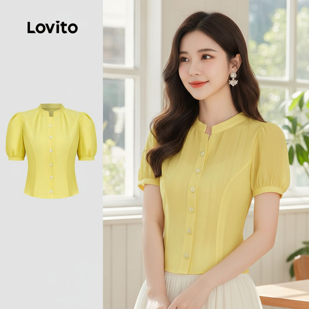 เสื้อเชิ้ตแขนสั้นLovito แบบคอปกขาตั้ง ขนาดเล็ก.BLB154PBD062