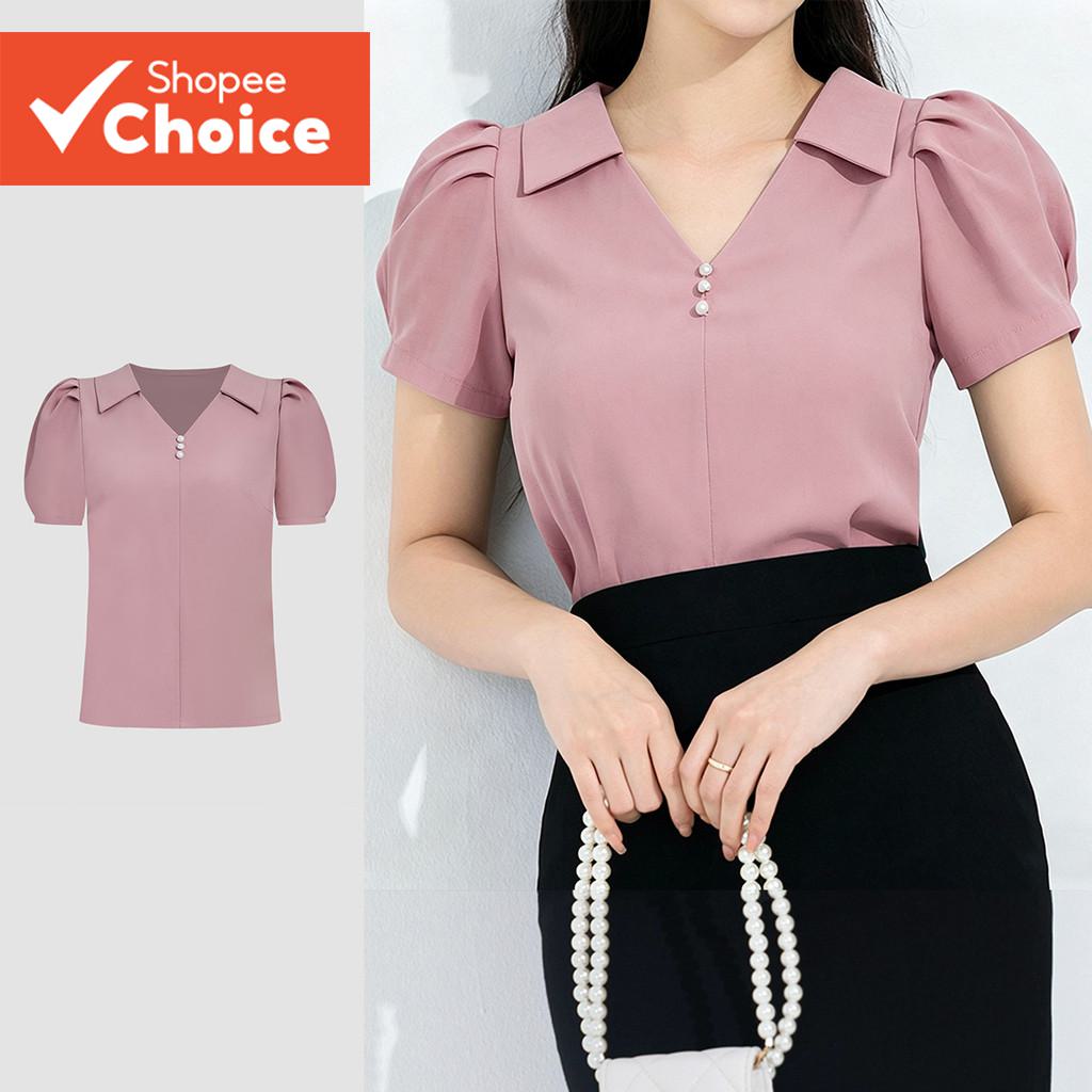 Lovito เสื้อเชิ้ตผู้หญิงสไตล์เรียบหรู กระดุมหน้า สัมผัสลายผ้า เหมาะสําหรับฤดูใบไม้ผลิ/ฤดูร้อน สีชมพูอ่อน รุ่น L184ED048