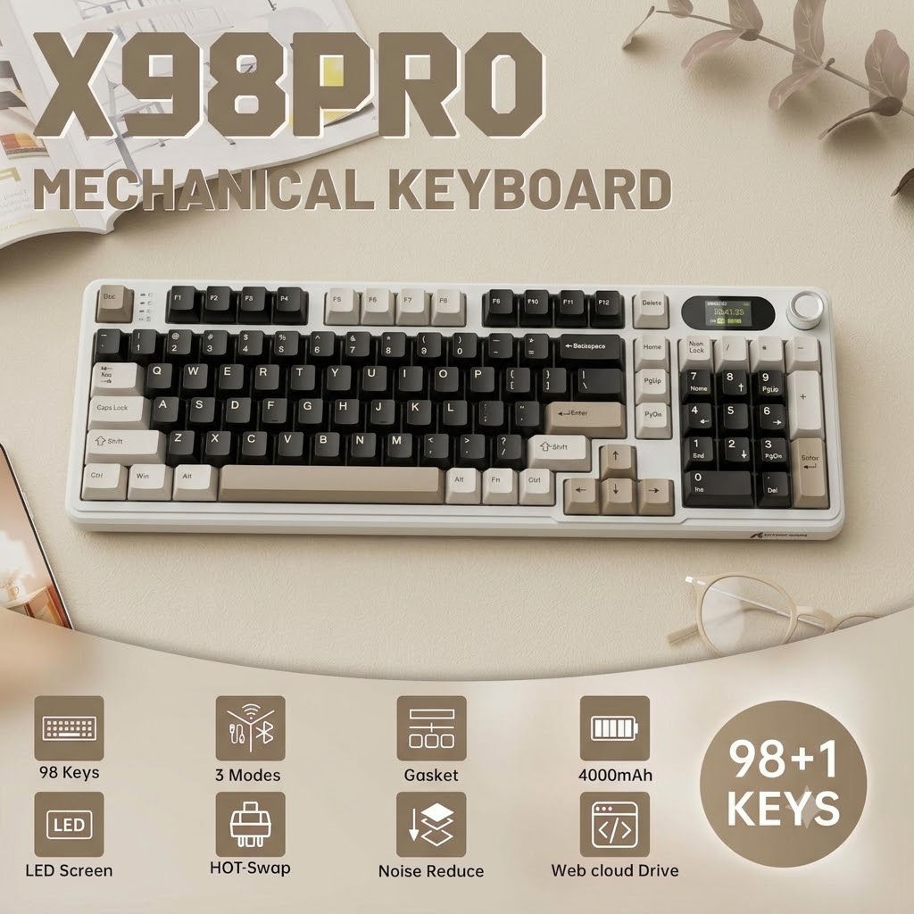 คีย์บอร์ดแมคคานิคอลไร้สาย Attack Shark X98 Pro แบบ Gasket ปุ่มกด PBT พิมพ์ด้านข้าง เปลี่ยนคีย์แคปได้