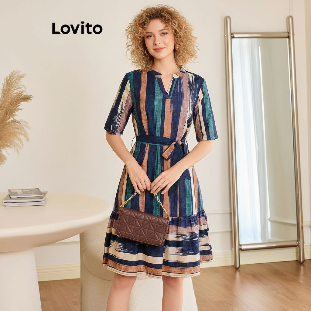 Lovito ชุดลําลองลายลูกไม้ขึ้นเข็มขัดนัวเนียเหมชุดสําหรับผู้หญิง LBL13400