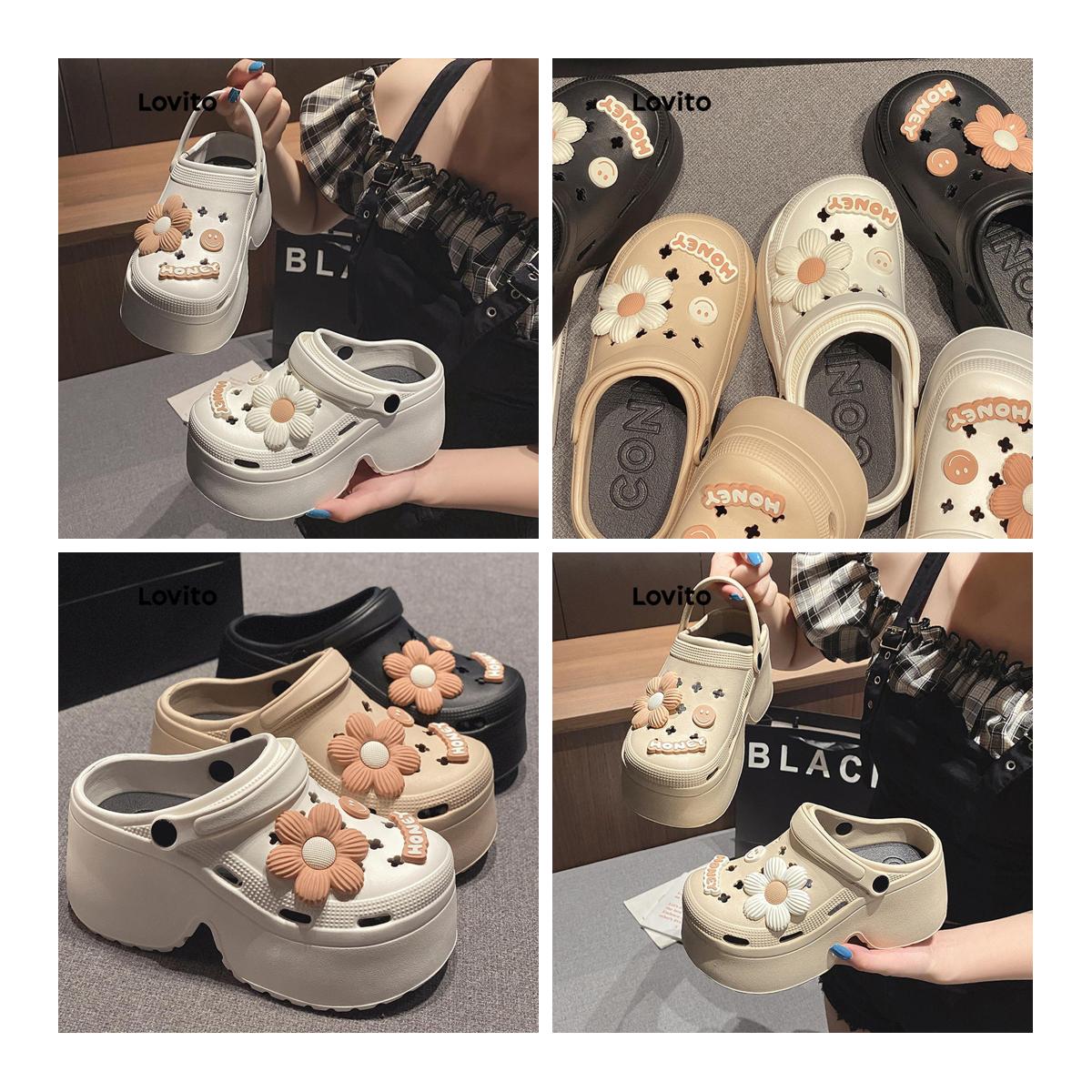 (Fashion2) Lovito รองเท้าแตะส้นแบนลําลองธรรมดา 9 ซม. หนาพิเศษ นุ่มนิ่มSole ฤดูร้อน Daisy Show รองเท้