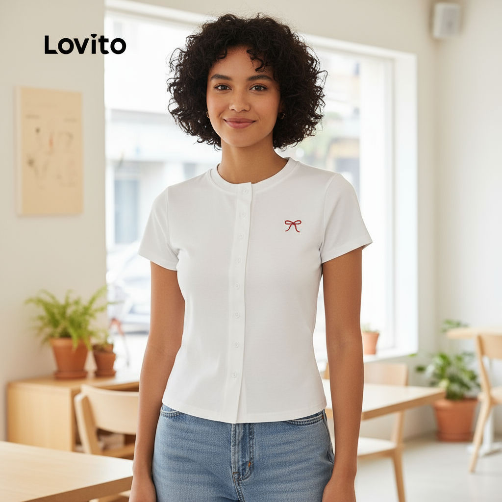 (Fashion_2) Lovito เสื้อยืดกระดุมลายธรรมดาแบบลําลองสําหรับผู้หญิง L133AD375