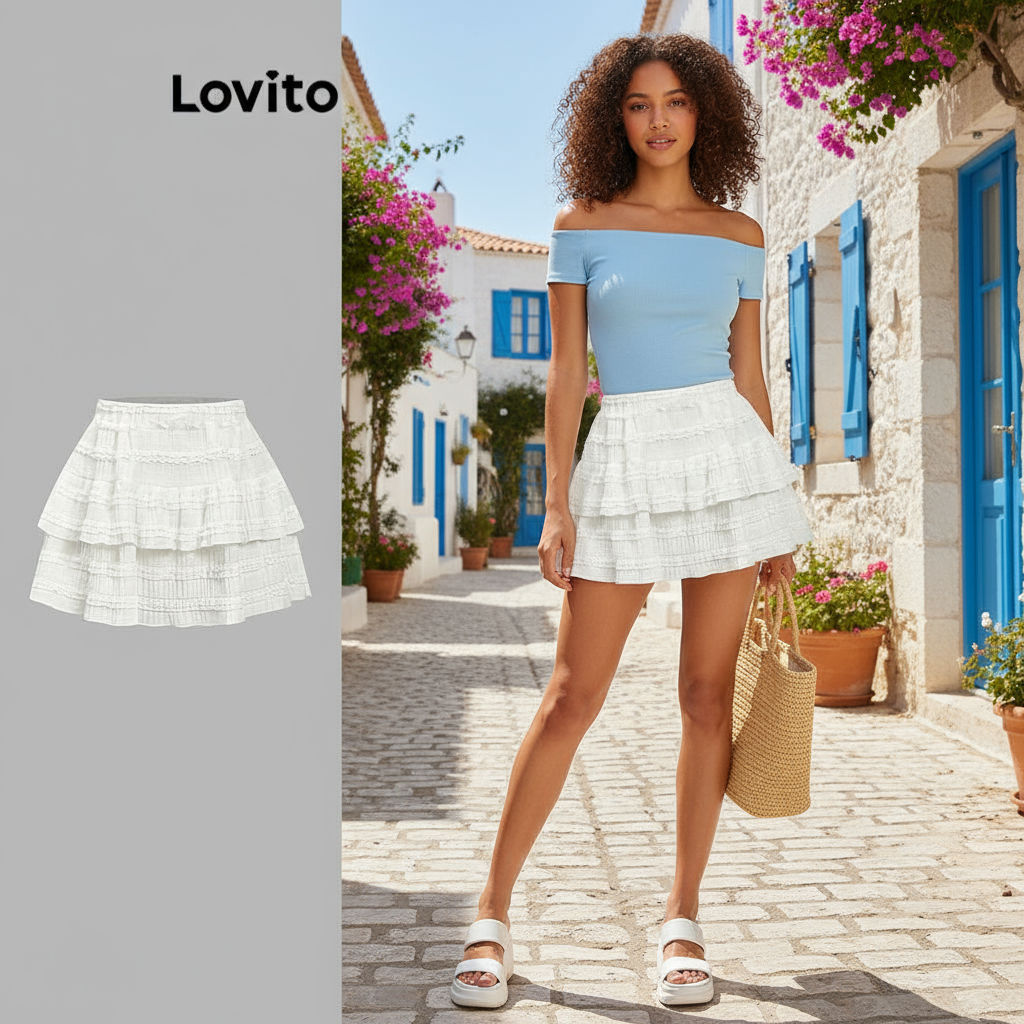 (Fashion_2) Lovito กระโปรงลําลองกระโปรงชายระบายธรรมดาสําหรับผู้หญิง L88AD161