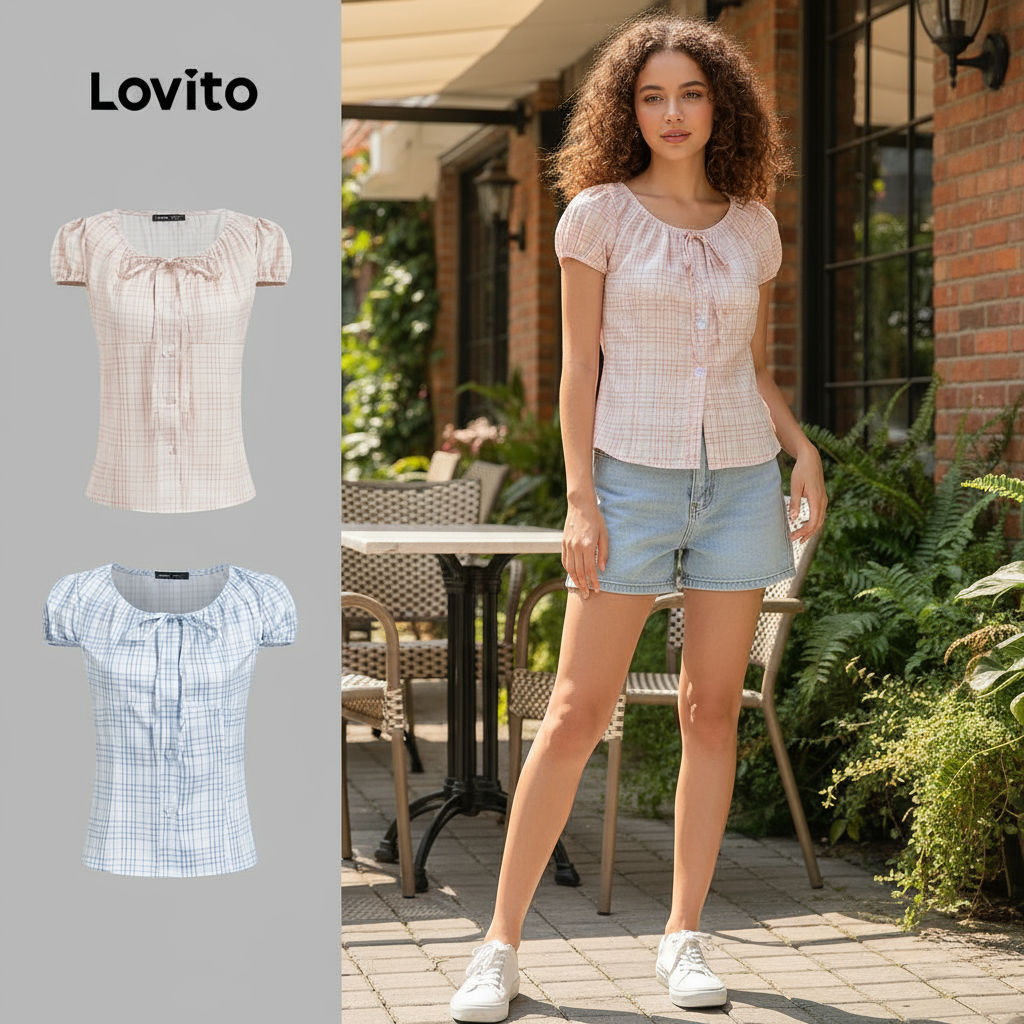 (trendy5)Lovito ฤดูร้อนสบายๆ/ฤดูใบไม้ผลิเสื้อลายลูกไม้ขึ้นเสื้อจีบสําหรับผู้หญิง L130AD146