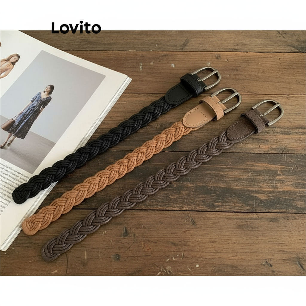 (trendy3)Lovito เข็มขัดผู้หญิง แบบสายถักเปีย สีเรียบ สไตล์ลำลอง LFA33213