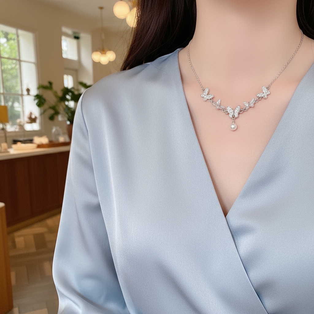 สร้อยคอจี้ผีเสื้อประดับไข่มุกผู้หญิง VMI Kols ทันสมัยเครื่องประดับหรูหรา TDD 334