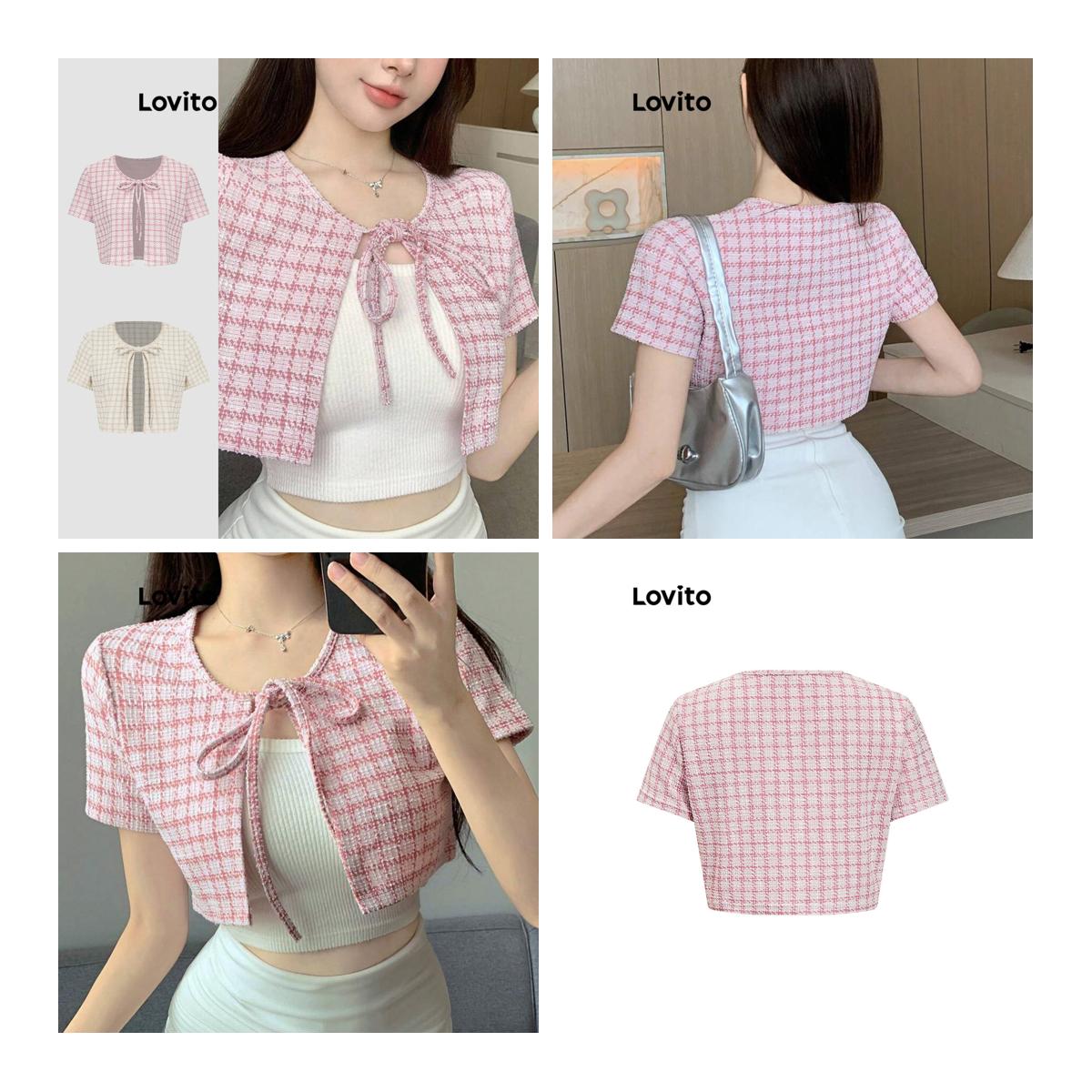 (Fashion1) Lovito ฤดูใบไม้ผลิและฤดูร้อนเสื้อลําลองผูกด้านหน้าพื้นผิวผ้าลายสก๊อตลูกไม้ขึ้นเสื้อผู้หญิ