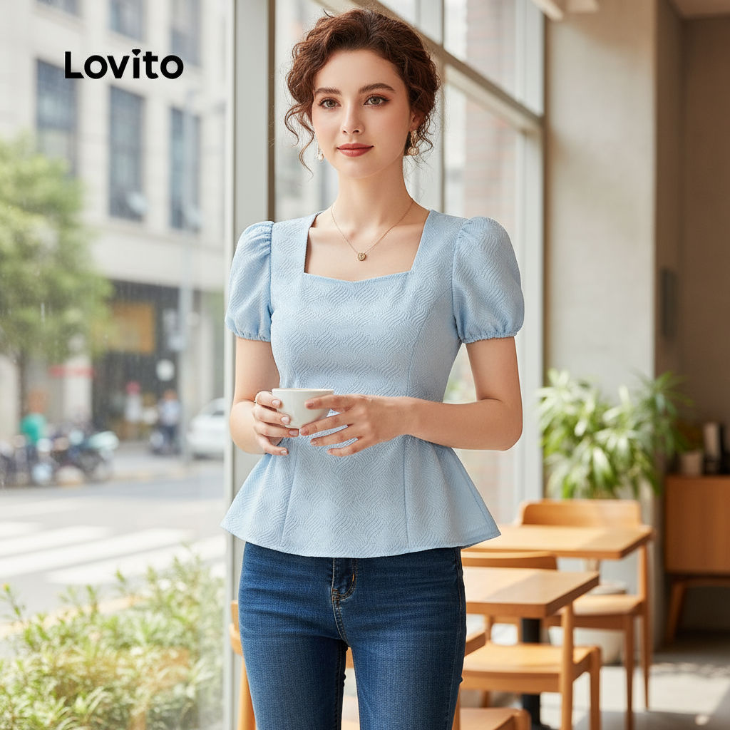 (trendy3)Lovito เสื้อเบลาส์ลําลองสีพื้นฉลุลายสําหรับผู้หญิง L133ED364