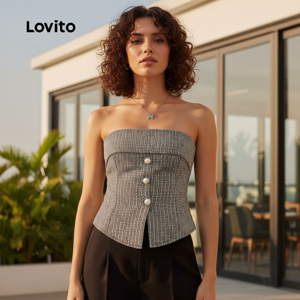 Lovito เสื้อแขนกุดผู้หญิง ลายตารางกิงแฮม มีกระดุมหน้า สําหรับใส่ลําลอง L105MD421