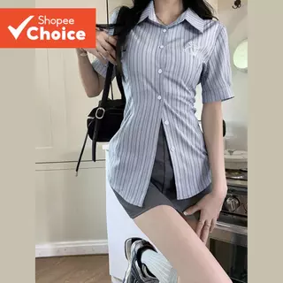 เสื้อเชิ้ตผู้หญิงสไตล์ Preppy ลายทางปักลาย ติดกระดุมด้านหน้า แขนยาวระบายฟู สีฟ้า รุ่น L58AD035