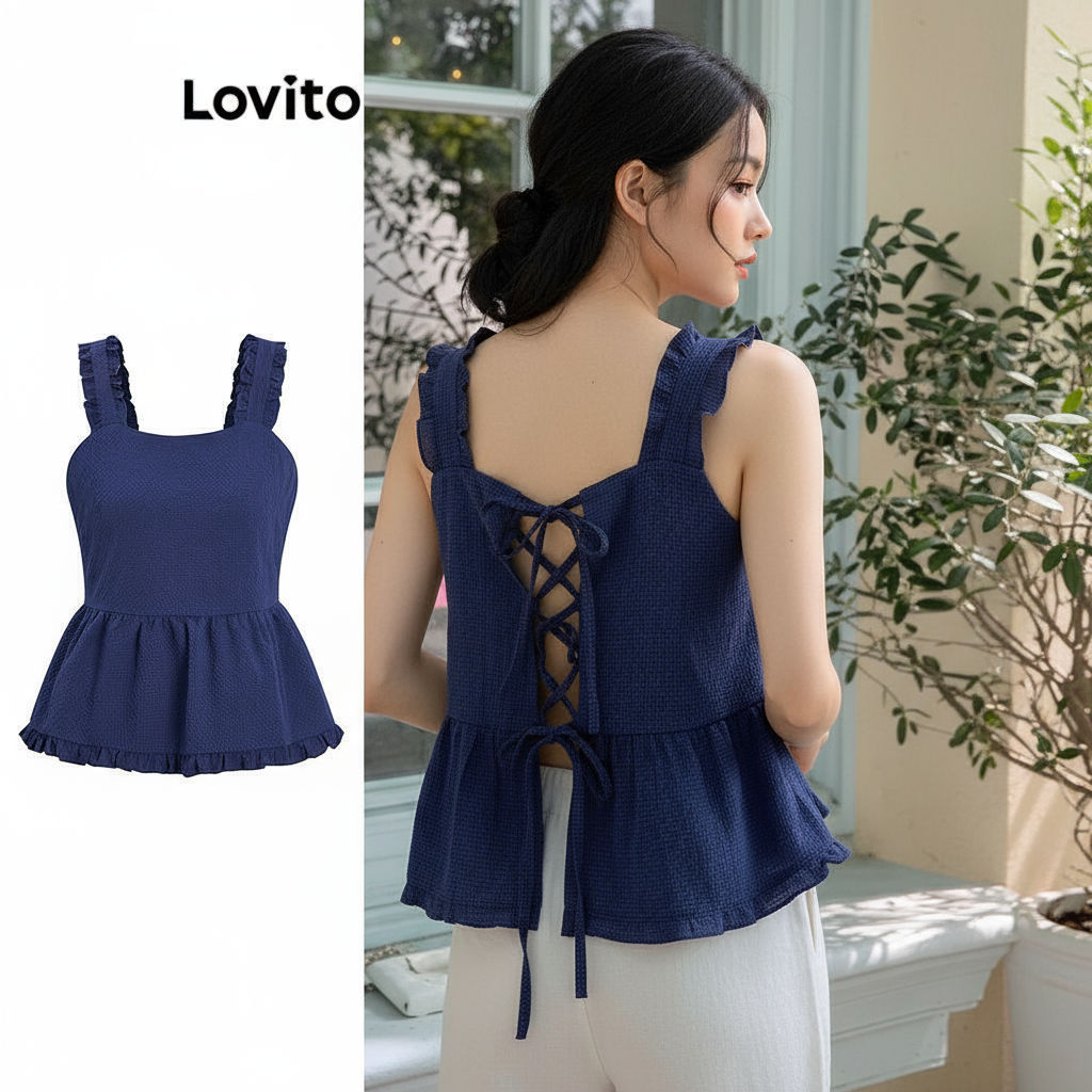 trendy5-Lovito เสื้อกล้ามลําลอง ลายกิงแฮมระบายชายเสื้อTie เสื้อกล้ามด้านหลังสําหรับผู้หญิง L96MD168