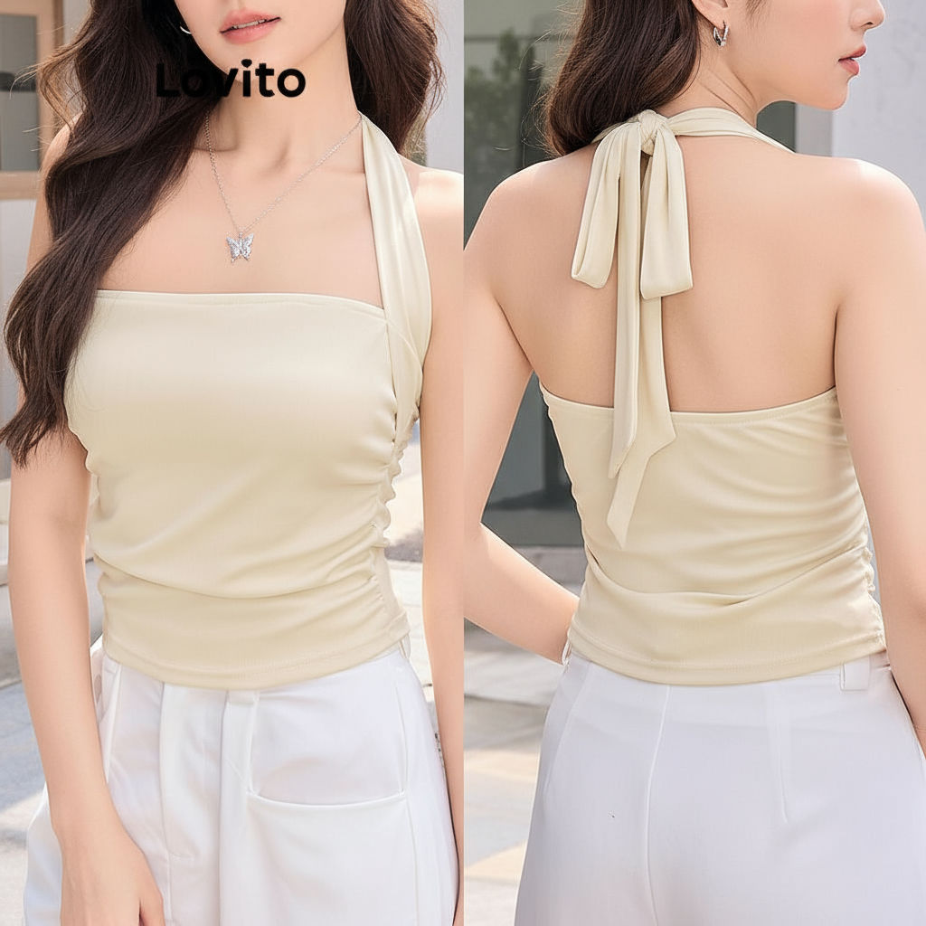 (trendy5)Lovito เสื้อคล้องคอผู้หญิง แต่งจีบ สีพื้น สไตล์ลำลอง L105MD202