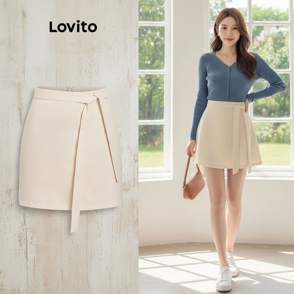 (trendy6)Lovito กระโปรงผู้หญิง มีจีบ แบบผูกเชือก สีพื้น สไตล์หรูหรา L100MD084
