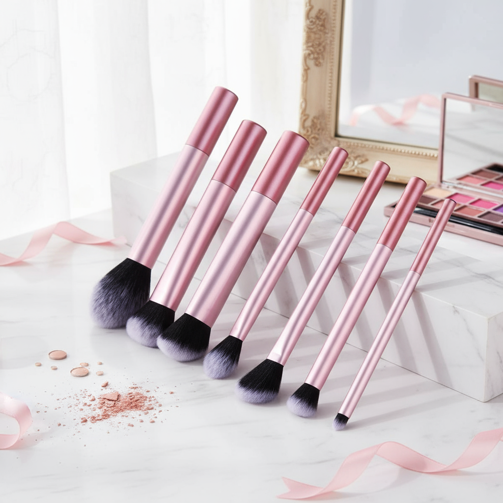 ชุดแปรงแต่งหน้า 7 ชิ้นมืออาชีพพร้อมแปรงปัดแก้ม, แป้งฝุ่น, คอนซีลเลอร์ และอายแชโดว์, เหมาะสําหรับการเดินทางและของขวัญ