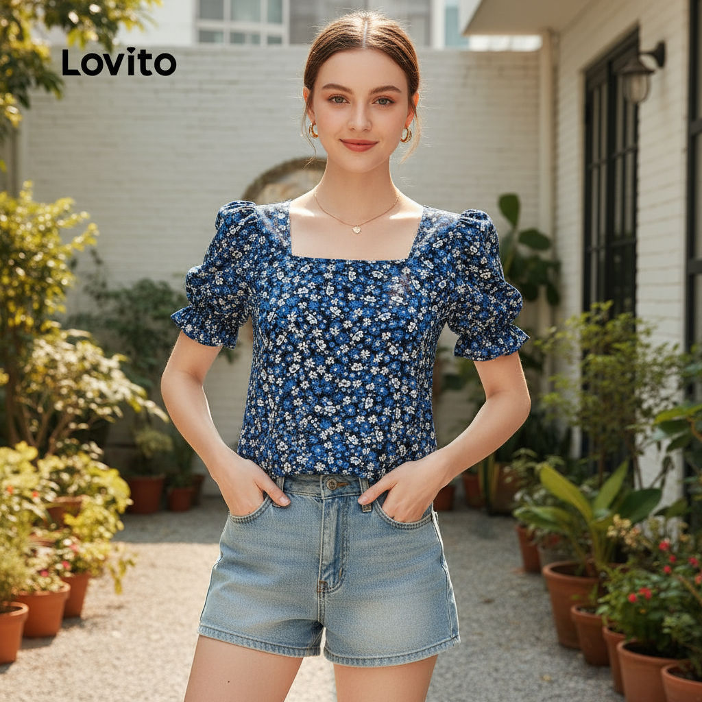 เสื้อคอเหลี่ยม ลายดอกไม้ Lovito BLB155P2D748