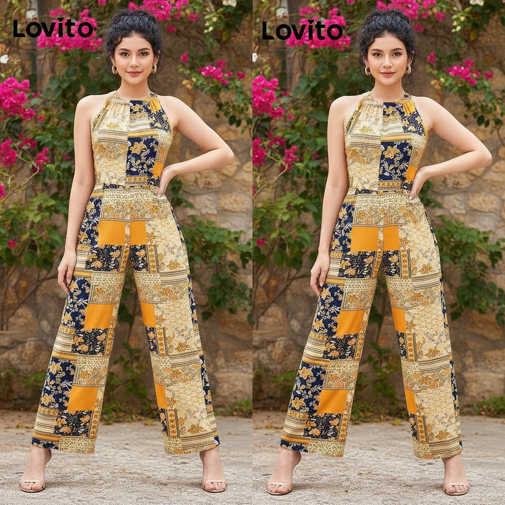 Lovito จัมพ์สูทผู้หญิงสไตล์โบฮีเมียนสําหรับฤดูใบไม้ผลิ/ฤดูร้อน รุ่น L143ED448