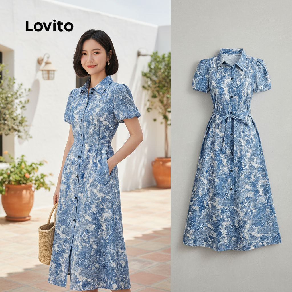 ชุดเดรสLovito แบบแขนสั้น คอลำลอง มีลวดลายสวยงาม รหัส DRB154PBD226