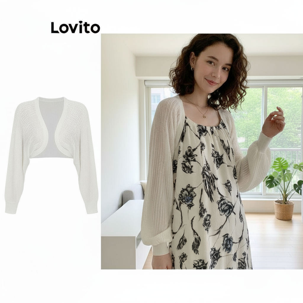 (trendy5)Lovito เสื้อคาร์ดิแกนลําลองเสื้อคาร์ดิแกนสีพื้นสําหรับผู้หญิง L64AD102 (ขาว/ดํา)