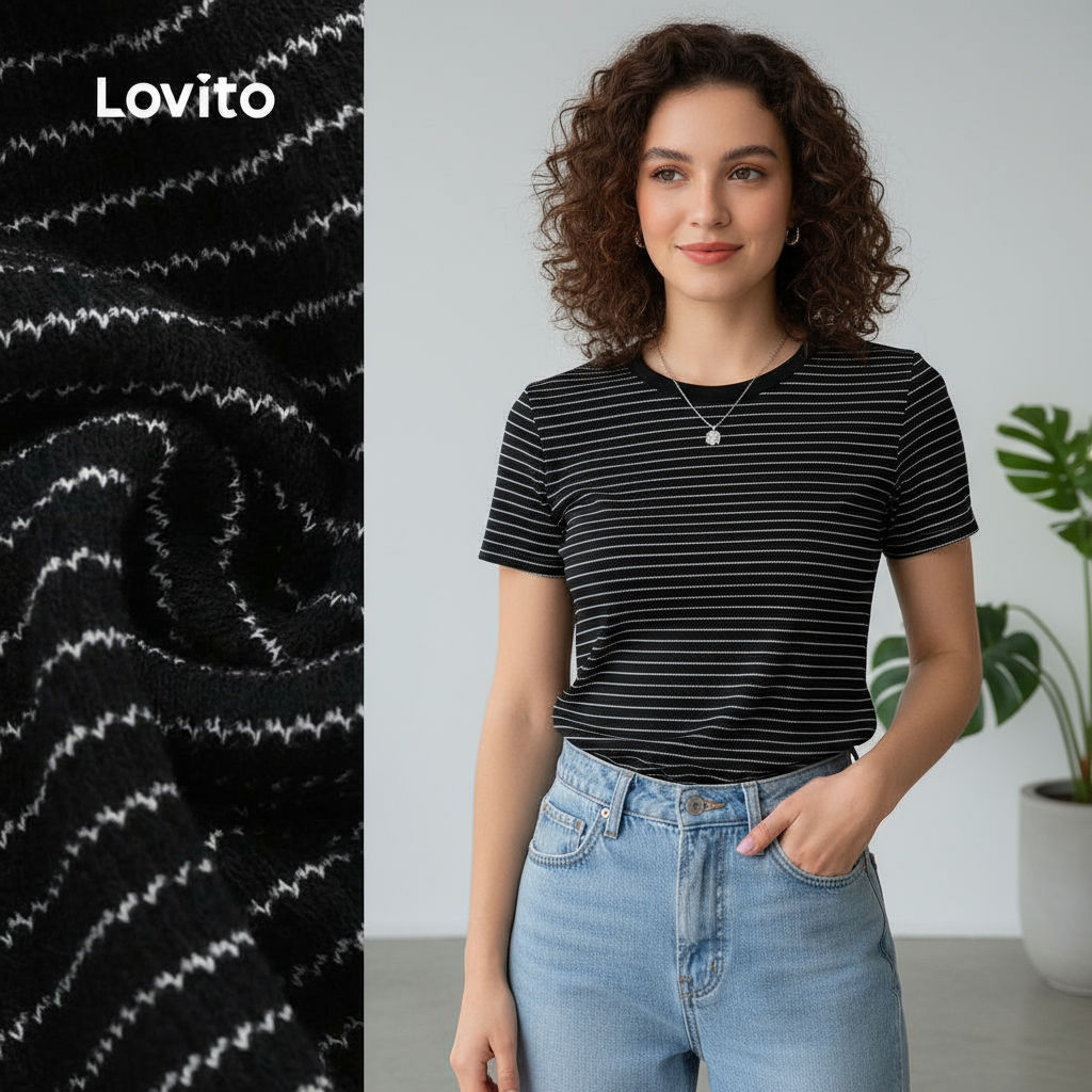 Lovito เสื้อยืดคอวีไม่เป็นทางการสําหรับผู้หญิง สีดํา ขอบดีไซน์แตกต่าง ฤดูใบไม้ผลิ/ฤดูร้อน L143AD1881